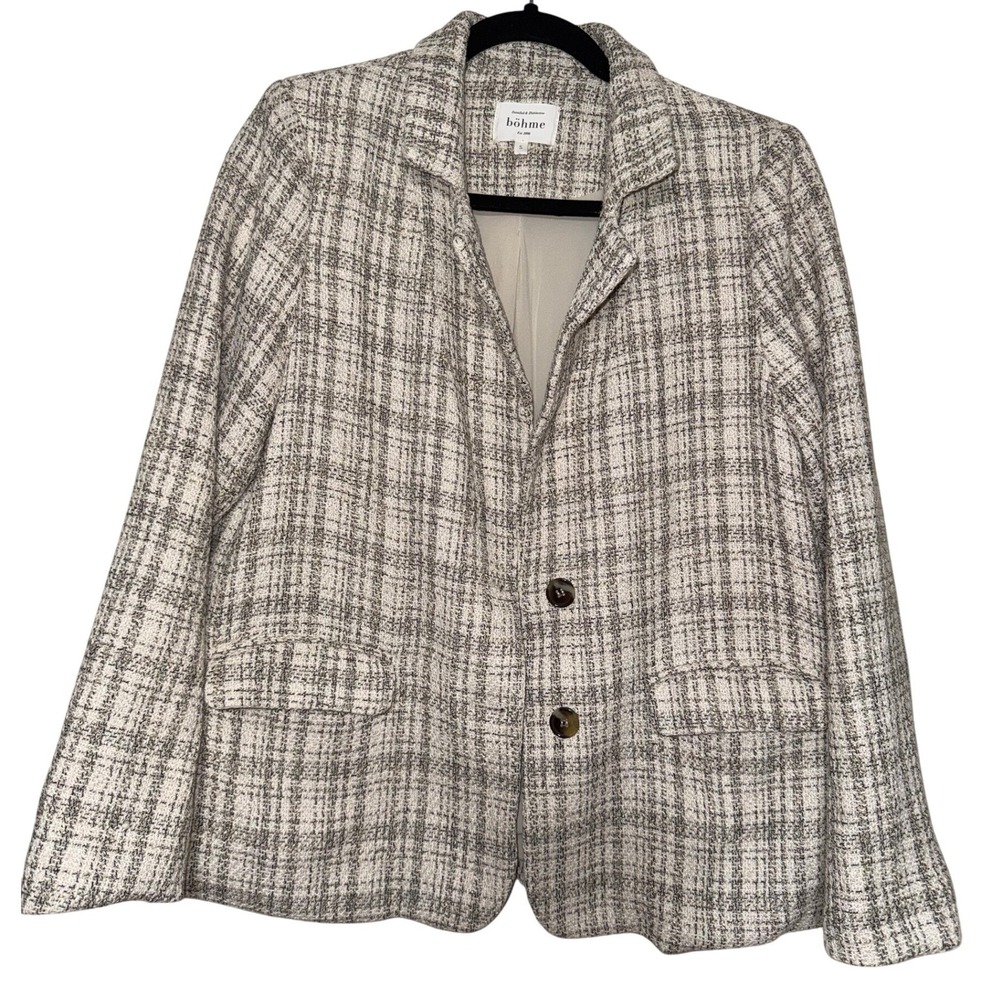 Bohme Plaid Tweed Blazer Jacket Women's Size S Beige Brown Button Front‎